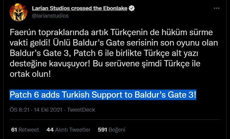 Baldur's Gate 3 Türkçe dil desteğine kavuşuyor Baldur