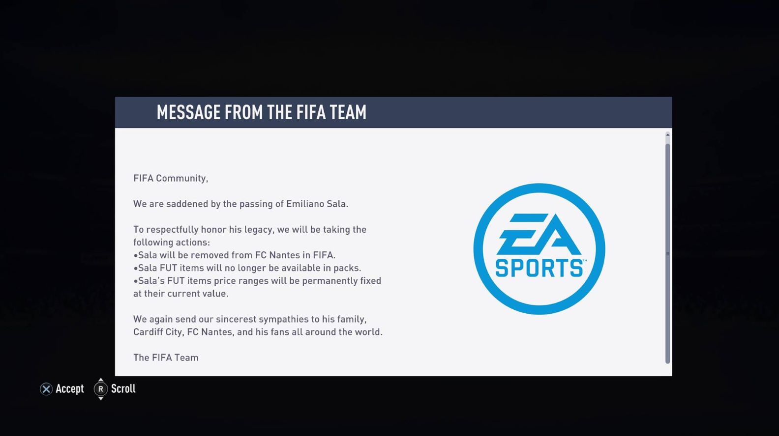 Hayatını kaybeden futbolcu Sala, FIFA 19'dan kaldırıldı Hayatını kaybeden futbolcu Sala, FIFA 19'dan kaldırıldı