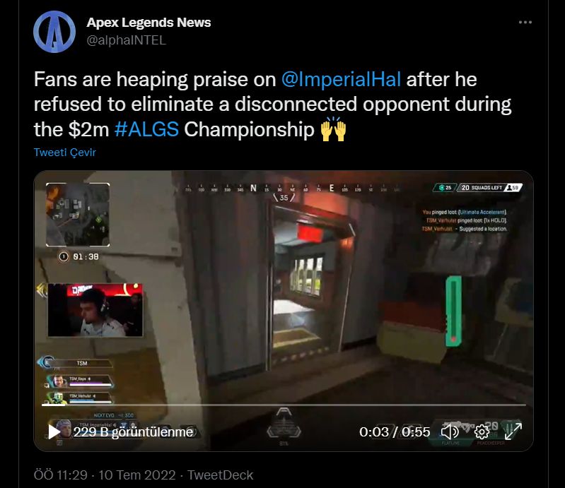 Profesyonel Apex oyuncusu bağlantısı kopan rakibine saldırmayı reddetti Profesyonel Apex oyuncusu