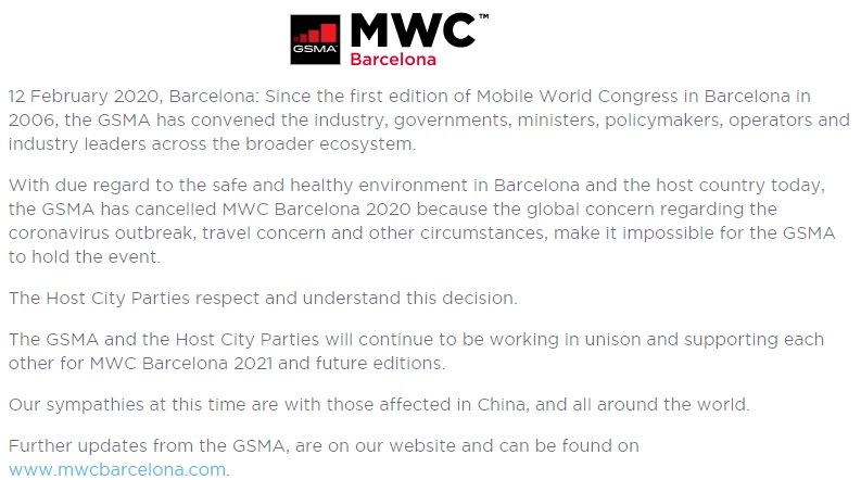 MWC 2020 resmi olarak iptal edildi MWC 2020 resmi olarak iptal edildi