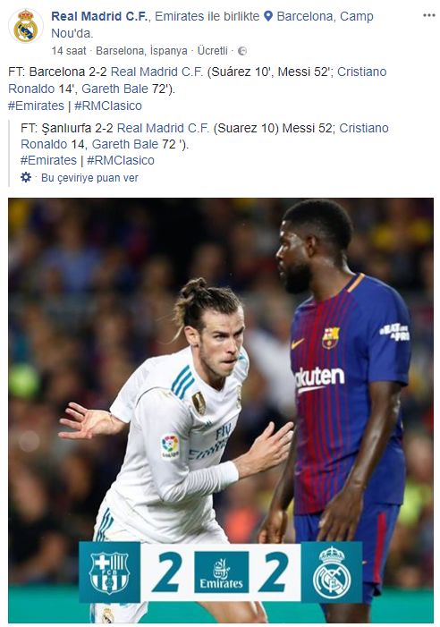 Facebook'a göre Real Madrid ve Şanlıurfa derbide berabere kaldı Facebook'a göre Real Madrid ve Şanlıurfa derbide berabere kaldı