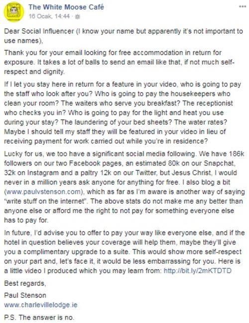 Otelde bedava kalmak isteyen Youtuber'a tokat gibi cevap Otelde bedava kalmak isteyen Youtuber'a tokat gibi cevap