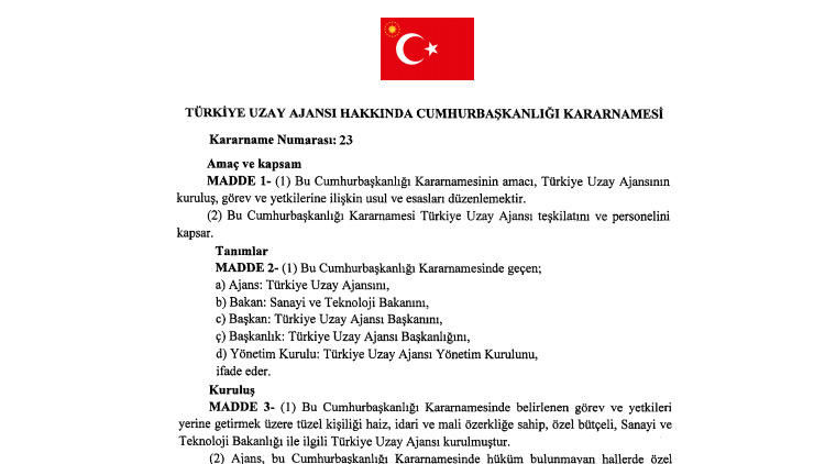 Türkiye Uzay Ajansı kuruldu Türkiye Uzay Ajansı kuruldu