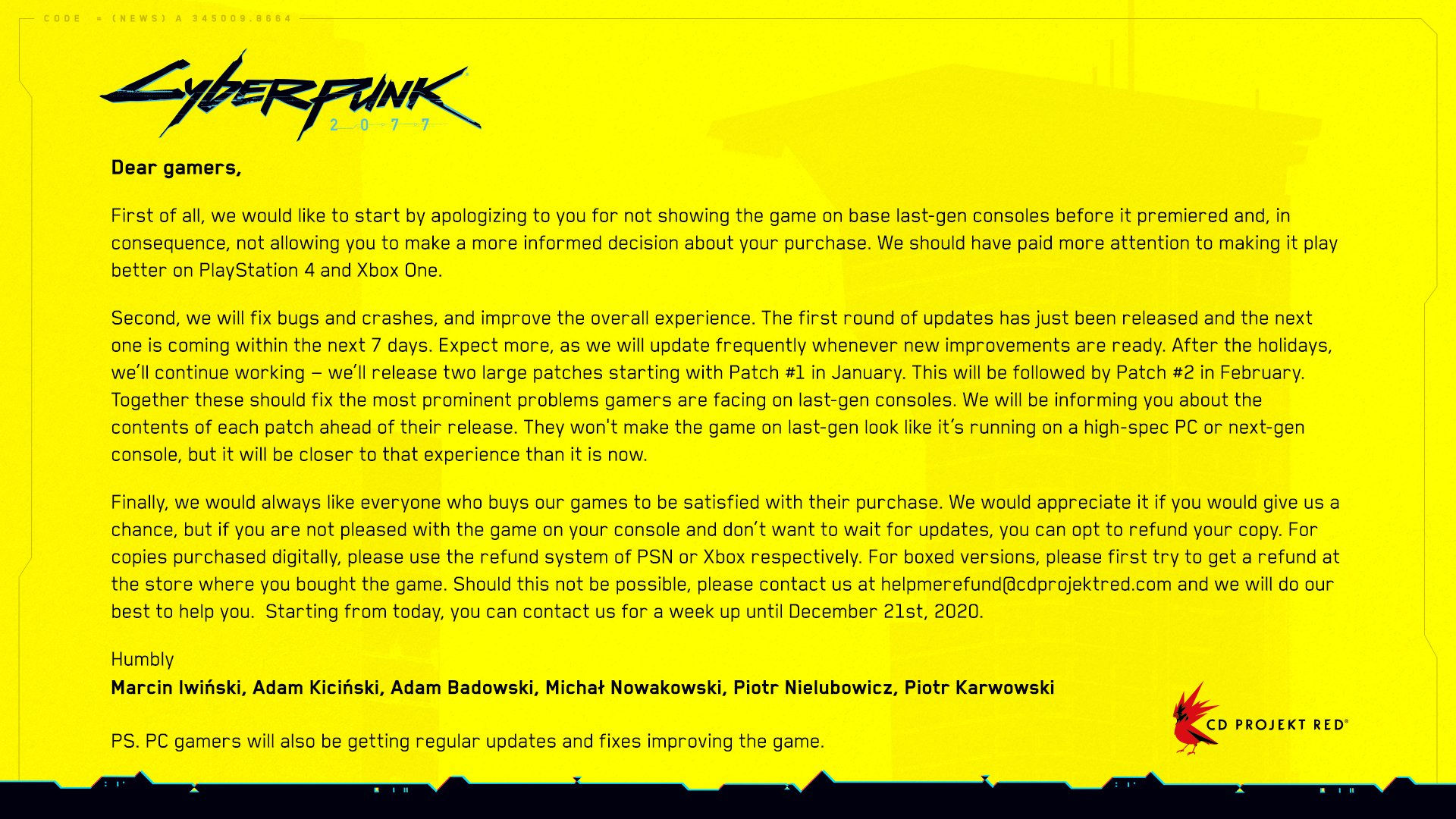 CD Projekt RED Cyberpunk 2077 için oyunculardan özür diledi CD Projekt RED Cyberpunk 2077 için oyunculardan özür diledi