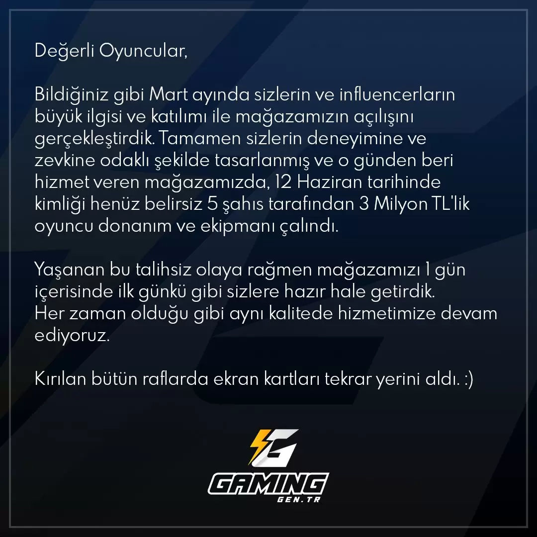 Gaming.gen.TR'nin yeni mağazası soyuldu, zarar 3 milyon TL Gaming.gen.TR'nin yeni mağazası soyuldu, zarar 3 milyon TL