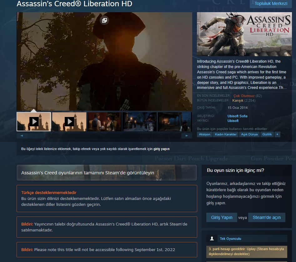 Assassin’s Creed Liberation HD Steam versiyonu kaldırılıyor Assassin’s Creed Liberation HD Steam